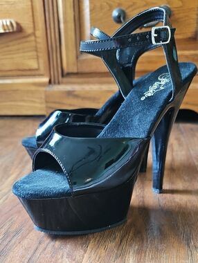 Pleaser Black Patent Platform Heel Sandals with Ankle Strap
